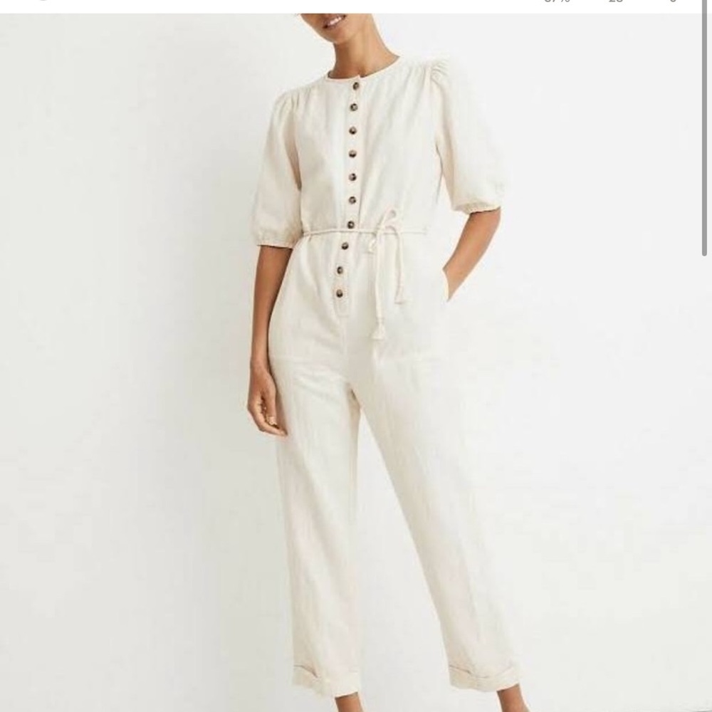 Madewell Womenโs Linen-Blend Puff-Sleeve Tassel-Tie Jumpsuit *Missing Tie*